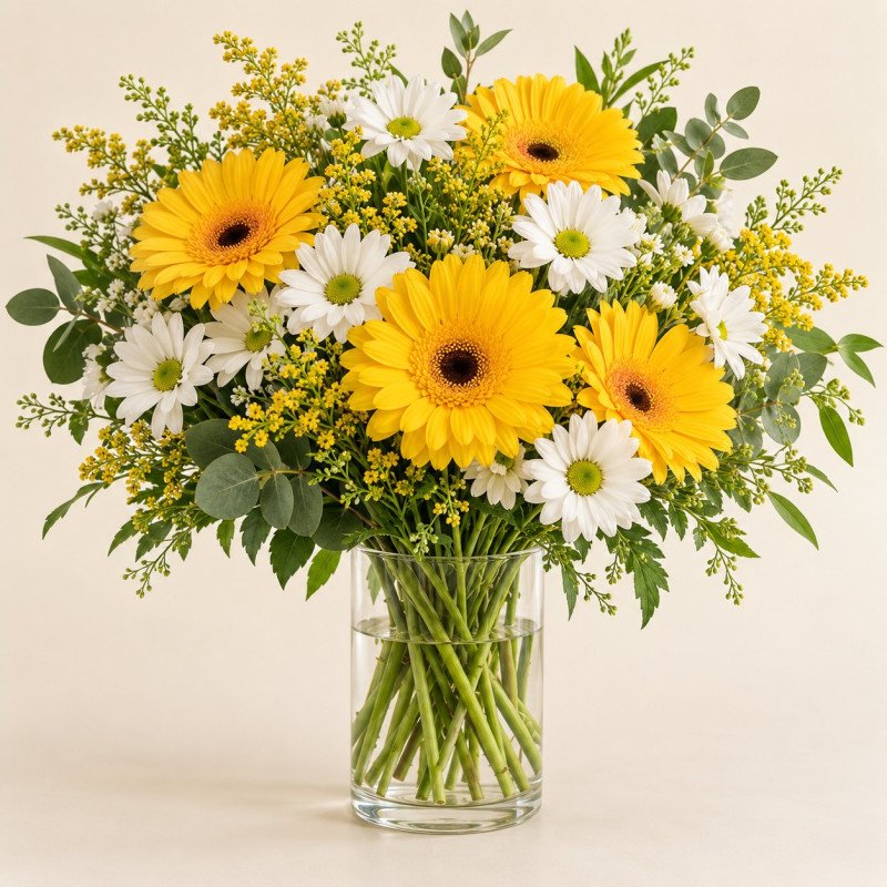 Cam Vazoda Sarı Gerbera ve Beyaz Papatya