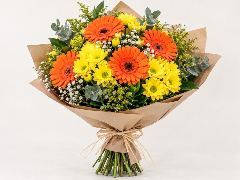 Kraft Bukette Turuncu Gerbera ve Sarı Krizantem