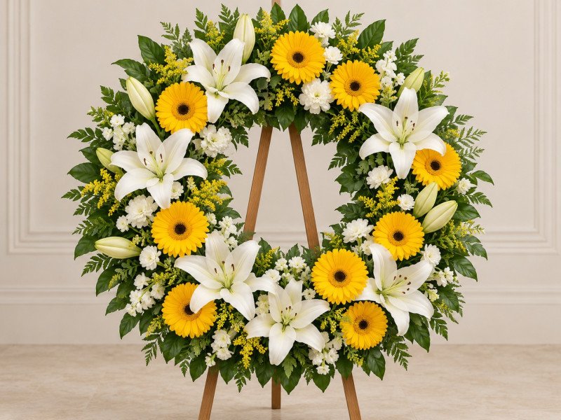 Beyaz Lilyum ve Sarı Gerbera Çelengi