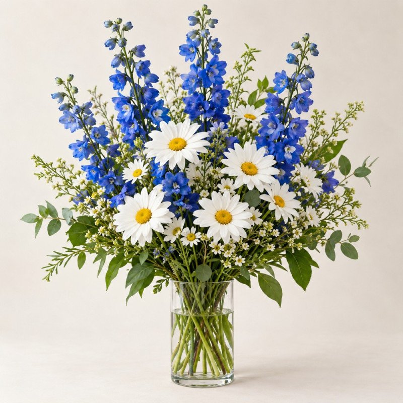 Cam Vazoda Papatya ve Mavi Delphinium