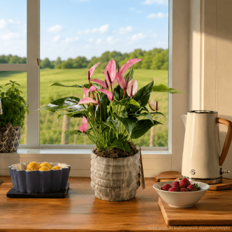 Zuzu Marble – Mermer Görünümlü Saksıda İnce Çiçekli Mor Anthurium